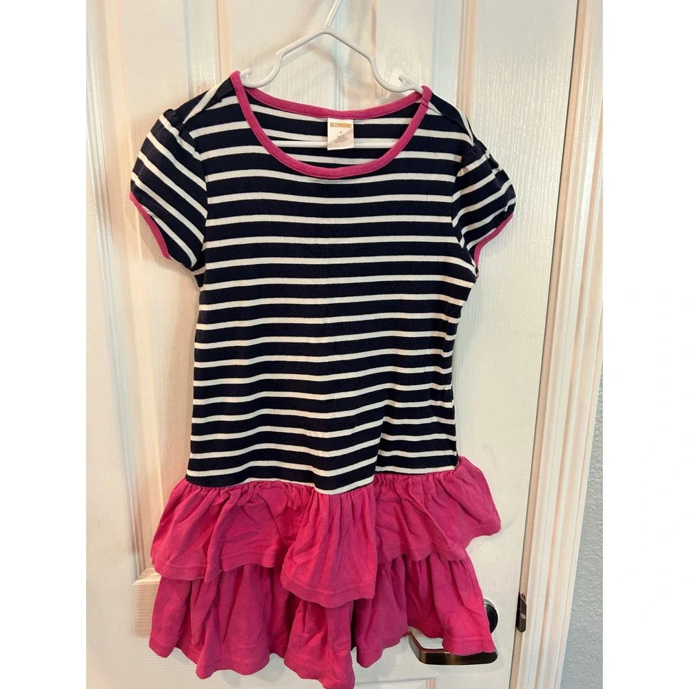 Gymboree Dress Navy Pink Striped Ruffle‎ Tiered Cotton Short Sleeve Kids Size 8